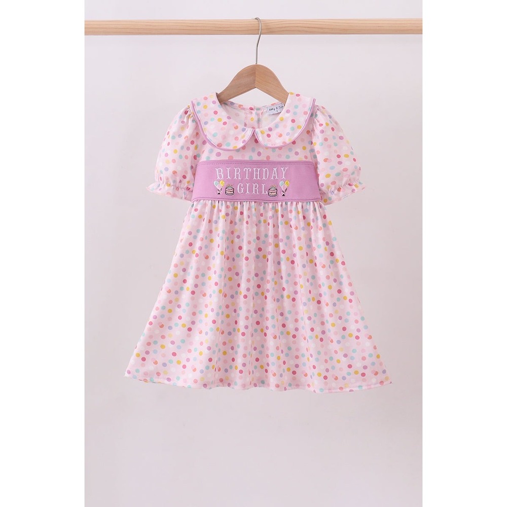 Abby & Evie Pink Polka Dot Birthday Girl Embroidered Dress Peter Pan Collar 2T